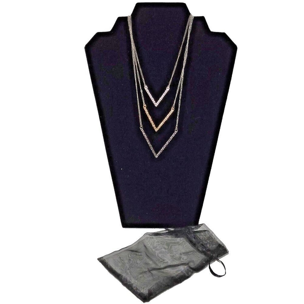 Statement Necklace Chevron V Triple Strand Silver Gold Gunmetal 22" Pouch